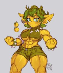 Rule 34 | 1girl, abs, bracelet, breasts, colored skin, earrings, female goblin, goblin, green eyes, green hair, highres, jewelry, large breasts, looking at viewer, mdblues, muscular, muscular female, necklace, notched ear, original, short shorts, shorts, shortstack, signature, simple background, solo, spiked bracelet, spikes, tank top, thick thighs, thighs, tooth necklace, underboob, yellow skin
