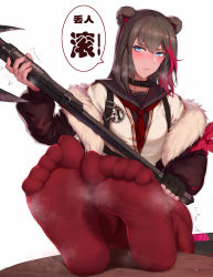 Rule 34 | 1girl, animal ears, arknights, axe, belt collar, black collar, blue eyes, brown hair, collar, condom, condom wrapper, feet, female focus, fingerless gloves, foot focus, fur-trimmed jacket, fur trim, gloves, heavy breathing, highres, holding, holding axe, jacket, laserflip, legs, looking at viewer, multicolored hair, red hair, red legwear, revision, simple background, single glove, soles, solo, steaming body, streaked hair, toes, trembling, two-tone hair, white background, zima (arknights)