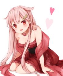 Rule 34 | 1girl, alternate costume, alternate hair color, bare shoulders, blonde hair, blush, breasts, cleavage, commentary request, dress, hair between eyes, hair flaps, hair ornament, hair over shoulder, hairclip, heart, heart-shaped lock, highres, jewelry, kantai collection, long hair, looking at viewer, medium breasts, necklace, open mouth, red dress, red eyes, see-through, see-through sleeves, simple background, sitting, smile, solo, swept bangs, very long hair, wariza, yuudachi (kancolle), yuudachi kai ni (kancolle), yuuki susumu