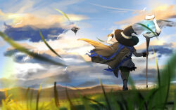 Rule 34 | 1girl, blue hair, braid, brown cape, cape, day, dress, es limi, floating castle, from above, grass, hat, highres, holding, holding staff, horizon, long braid, long hair, mountain, mushoku tensei, pants, roxy migurdia, scenery, sky, solo, staff, twin braids, very long hair, white dress, white pants, witch hat