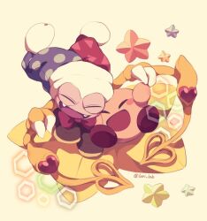 Rule 34 | blue hat, blush stickers, bow, bowtie, brown footwear, claws, closed eyes, colored skin, commentary request, crystal, fangs, happy, hat, heart, jester cap, kirby, kirby (series), lari lab, marx (kirby), nintendo, no humans, pink skin, polka dot headwear, pom pom hat ornament, purple skin, red bow, red bowtie, red footwear, red hat, shoes, simple background, star (symbol), traditional bowtie, triangle print, twitter username, two-tone headwear, white background, yellow wings