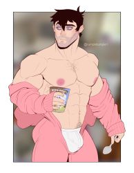 Rule 34 | 1boy, abs, absurdres, artist name, bara, beard, biceps, black hair, blurry, blurry background, bulge, coat, facial hair, feet out of frame, food, grey eyes, hairy, highres, ice cream, large pectorals, male focus, male underwear, manly, mature male, muscular, muscular male, navel, navel hair, nipples, original, pectorals, rumple tumple, short hair, signature, solo, spoon, tight clothes, twitter username, underwear