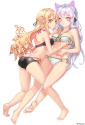 Rule 34 | 2girls, :3, aken, animal ears, ass, back, barefoot, bikini, black bikini, blonde hair, braid, breasts, butt crack, cat ears, cat girl, closed mouth, collarbone, couple, curly hair, elsword, eve (elsword), feet, female focus, grabbing, grabbing another&#039;s breast, halterneck, hand on another&#039;s shoulder, heart, heart-shaped pupils, highres, hip focus, legs, long hair, looking at viewer, looking back, medium breasts, multi-strapped bikini bottom, multiple girls, navel, o-ring, o-ring bottom, o-ring top, pink eyes, shoulder blades, silver hair, simple background, soles, swimsuit, symbol-shaped pupils, thighs, toes, twitter username, white background, white bikini, yellow eyes, yuri