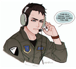 Rule 34 | 1boy, ace combat, ace combat 7: skies unknown, airborne early warning and control, anger vein, annoyed, artist name, bandog, black shirt, blue eyes, brown hair, coiled cord, collarbone, cropped torso, english text, eyebrows, hand on headphones, headphones, headset, looking to the side, male focus, microphone, open mouth, patch, pilot suit, shirt, short hair, skyleranderton, solo, speech bubble, talking, unit patch, upper body, white background
