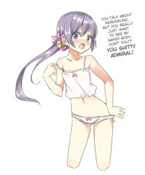 Rule 34 | 10s, 1girl, akebono (kancolle), bare shoulders, bell, blush, bow, bow panties, camisole, collarbone, flower, groin, hair bell, hair flower, hair ornament, hard-translated, hatsunatsu, kantai collection, long hair, looking at viewer, navel, open mouth, panties, panty pull, purple eyes, purple hair, shiny skin, shitty admiral (phrase), side ponytail, simple background, sketch, solo, strap slip, tareme, third-party edit, translated, tsundere, underwear, underwear only, white background, white panties