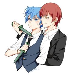 Rule 34 | 2boys, akabane karma, ansatsu kyoushitsu, arm behind back, bad id, bad twitter id, black jacket, black neckwear, black vest, blue eyes, blue hair, blush, closed mouth, collared shirt, commentary request, cropped torso, dagger, dated, frown, hair between eyes, holding, holding dagger, holding knife, holding weapon, jacket, knife, looking at another, male focus, meipoi, multiple boys, necktie, red hair, shiota nagisa, shirt, short hair, simple background, smile, upper body, vest, weapon, white background, white shirt, yaoi, yellow eyes