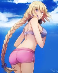 Rule 34 | 1girl, alternate costume, ass, back, bare shoulders, beach, blonde hair, blue bra, blue sky, bra, braid, braided ponytail, breasts, cloud, day, fate (series), from behind, headphones, headphones around neck, highres, jeanne d&#039;arc (cool and sporty) (fate), jeanne d&#039;arc (fate), jeanne d&#039;arc (ruler) (fate), large breasts, long braid, long hair, looking back, outdoors, parted lips, pink shorts, purple eyes, short shorts, shorts, sideboob, single braid, sky, smile, solo, tusia, underwear, very long hair