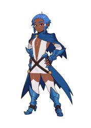 Rule 34 | 1girl, absurdres, armored boots, black gloves, blue capelet, blue hair, boots, capelet, commentary, dark-skinned female, dark skin, dress, elbow gloves, elfheim, english commentary, fingerless gloves, flat chest, gauntlets, gloves, hair ornament, hands on own hips, heterochromia, highres, looking at viewer, navel, navy sapphyr, plunging neckline, pointy ears, purple eyes, red eyes, scar, scar on chest, scar on face, short hair, simple background, solo, sunna (nilsunna), thick eyebrows, thighhighs, waist cape, white background, white dress, white gloves, white thighhighs, x hair ornament