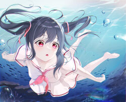 Rule 34 | 1girl, absurdres, afloat, barefoot, black hair, breasts, bubble, cleavage, collarbone, feet, fish, gyeou lee, hair ribbon, highres, long hair, looking to the side, medium breasts, ocean, open mouth, original, pleated skirt, red eyes, red ribbon, ribbon, sailor collar, school uniform, serafuku, shirt, skirt, solo, swimming, twintails, underwater, white sailor collar, white shirt, white skirt