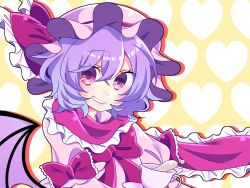 Rule 34 | 1girl, bat wings, bow, cup, dot nose, dress, dress bow, hair between eyes, hat, hat bow, heart, heart background, pink dress, pink hair, pink headwear, red bow, red eyes, remilia scarlet, short hair, smile, teacup, touhou, tsugomori (remilia0398), upper body, wings, yellow background