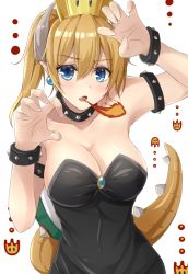 Rule 34 | 1girl, bare shoulders, blonde hair, blue eyes, bowsette, bracelet, breasts, breath weapon, breathing fire, claws, cleavage, collar, crown, dress, earrings, fire, horns, jewelry, large breasts, leotard, long hair, looking at viewer, mario (series), new super mario bros. u deluxe, nintendo, pointy ears, ponytail, sakuramochi usa, sharp teeth, solo, spiked bracelet, spiked collar, spikes, super crown, teeth