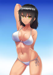 Rule 34 | 1girl, arm behind back, arm up, armpits, bikini, black hair, blue background, breasts, cleavage, collarbone, gradient background, highres, kitiku, large breasts, looking at viewer, navel, original, short hair, side-tie bikini bottom, simple background, skindentation, smile, solo, standing, swimsuit, white background, white bikini, yellow eyes