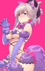 Rule 34 | 1girl, absurdres, animal ear fluff, animal ears, asymmetrical hair, bare shoulders, blue eyes, blush, bow, breasts, claw pose, claws, cleavage, cosplay, earrings, elbow gloves, fate/grand order, fate (series), fur-trimmed gloves, fur-trimmed legwear, fur collar, fur trim, gloves, hair ornament, highres, hip focus, jewelry, lace, lace-trimmed legwear, lace trim, large breasts, long hair, looking at viewer, mash kyrielight, mash kyrielight (dangerous beast), mash kyrielight (dangerous beast) (cosplay), miyamoto musashi (fate), navel, o-ring, o-ring top, official alternate costume, open mouth, pink background, pink bow, pink hair, ponytail, purple gloves, purple thighhighs, revealing clothes, shunichi, solo, swept bangs, tail, thighhighs, wolf ears, wolf tail