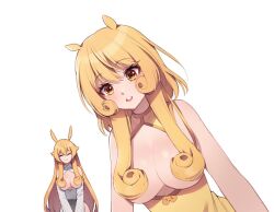 Rule 34 | 2girls, animal ears, blonde hair, breasts, china dress, chinese clothes, chung (ugwa), closed eyes, closed mouth, dress, hair between eyes, horse ears, long hair, medium breasts, multiple girls, open mouth, original, smile, teeth, ugwa, upper teeth only, white dress, yellow dress, yellow eyes