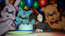 Rule 34 | 1girl, 3others, animal costume, bad hands, balloon, bear costume, birthday cake, black hair, cake, candle, cat costume, food, grey shirt, hat, highres, indoors, kondate (inugrm), looking at viewer, multiple others, original, party hat, plate, rabbit costume, shirt, short hair, sitting, table, turtleneck