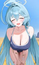 Rule 34 | 1girl, absurdres, abydos high school swimsuit, ahoge, aqua hair, bandaid, bare arms, bare legs, bare shoulders, bby, black one-piece swimsuit, blue archive, blush, breasts, cleavage, closed eyes, collarbone, cowboy shot, day, desert, facing viewer, halo, highres, huge ahoge, large breasts, long hair, one-piece swimsuit, open mouth, outdoors, school swimsuit, smile, solo, swimsuit, very long hair, yellow halo, yume (blue archive)