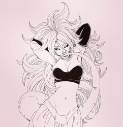 Rule 34 | android 21, arm behind head, black sclera, breasts, choker, cleavage, colored sclera, detached sleeves, fenyon, hair between eyes, jewelry, long hair, looking at viewer, medium breasts, midriff, narrow waist, navel, pointy ears, simple background, tail, tongue, tongue out, wide hips