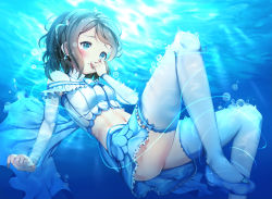 Rule 34 | 10s, 1girl, air bubble, blue bow, blue eyes, blue footwear, blue skirt, blue theme, blush, bow, breasts, brown hair, bubble, caustics, closed mouth, detached sleeves, earrings, frills, glint, hachinatsu, hair ornament, hand to own mouth, highres, holding breath, jewelry, koi ni naritai aquarium, love live!, love live! sunshine!!, midriff, miniskirt, navel, shoes, short hair, skirt, small breasts, solo, stomach, string, submerged, swept bangs, thighhighs, underwater, upskirt, watanabe you, water, white thighhighs