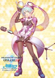 Rule 34 | 1girl, aqua eyes, armor, boots, fantasy zone, fingerless gloves, gloves, hatsune miku, knee boots, litryquis, looking at viewer, mascot, microphone, microphone stand, opa-opa, pantyhose, pet, phantasy star, phantasy star online 2, pointy ears, project diva (series), project diva f, robot, science fiction, sega, vocaloid, wiola magica