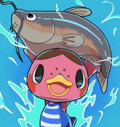 Rule 34 | animal crossing, blue background, fish, freckles (animal crossing), highres, kopa nishikida, looking at viewer, nintendo, swimsuit, water background