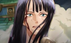 Rule 34 | 1girl, bin (binonep), black hair, blood, blue eyes, blunt bangs, boat, close-up, commentary request, highres, injury, korean commentary, looking to the side, medium hair, nico robin, one piece, open mouth, smoke, solo, watercraft