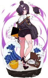 Rule 34 | 1girl, abigail williams (fate), abigail williams (fate) (cosplay), ass, back, belt, black footwear, black jacket, black shorts, blue eyes, blush, breasts, briefcase, bucket, collared shirt, cosplay, cutoffs, dress shirt, fate/grand order, fate (series), full body, hair bun, hair ornament, hairpin, heroic spirit traveling outfit, high heels, highres, jacket, katsushika hokusai (fate), katsushika hokusai (traveling outfit) (fate), kuronuko neero, legs, long sleeves, looking back, octopus, off shoulder, official alternate costume, open clothes, open jacket, orange belt, paint, paint tube, paintbrush, palette (object), purple hair, shirt, short hair, short shorts, shorts, simple background, single hair bun, sketchbook, smile, solo, thighs, tokitarou (fate), waves, white background, white shirt