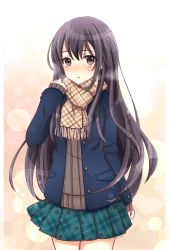Rule 34 | 1girl, bad id, bad pixiv id, black hair, blue moment, blush, brown eyes, cowboy shot, long hair, looking at viewer, original, plaid, plaid scarf, pleated skirt, scarf, skirt, solo, winter clothes