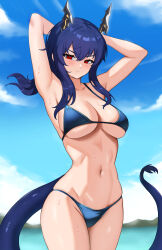 Rule 34 | 1girl, arknights, arms behind head, arms up, beach, bikini, blue bikini, blue hair, blush, breasts, ch&#039;en (arknights), commentary, cowboy shot, day, dragon girl, dragon horns, dragon tail, english commentary, fangs (fangs art), from below, hair between eyes, half-closed eyes, highres, hip focus, horns, light frown, long hair, looking at viewer, looking down, medium breasts, navel, ocean, outdoors, red eyes, skindentation, slit pupils, solo, stomach, swimsuit, tail, thighs