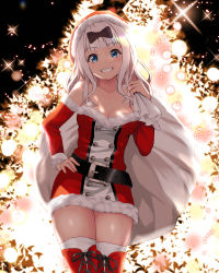 Rule 34 | 1girl, backlighting, bare shoulders, belt, black bow, blue eyes, blush, boots, bow, breasts, christmas, christmas tree, cleavage, collarbone, commentary request, cross-laced footwear, dress, fujiwara chika, gibun (sozoshu), grin, hair bow, highres, kaguya-sama wa kokurasetai ~tensai-tachi no renai zunousen~, lace-up boots, long hair, looking at viewer, md5 mismatch, pink hair, red thighhighs, resolution mismatch, revision, santa costume, smile, solo, source larger, thighhighs, thighhighs under boots, white thighhighs