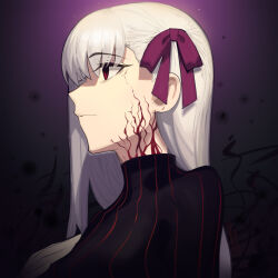 Rule 34 | 1girl, black shirt, boa (brianoa), body markings, closed mouth, commentary, dark persona, dark sakura, english commentary, expressionless, facial mark, fate/stay night, fate (series), from side, gradient background, hair ribbon, hand on own chest, heaven&#039;s feel, highres, long hair, looking ahead, matou sakura, purple background, purple ribbon, red eyes, ribbon, shirt, solo, striped clothes, striped shirt, vertical-striped clothes, vertical-striped shirt, white hair