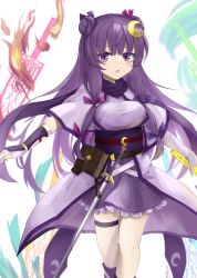 Rule 34 | 1girl, akisome hatsuka, alternate costume, book, bow, breasts, crescent, crescent hair ornament, double bun, feet out of frame, fire, hair bow, hair bun, hair ornament, japanese clothes, kimono, large breasts, long hair, looking at viewer, open mouth, patchouli knowledge, purple eyes, purple hair, purple kimono, sash, sidelocks, solo, standing, sword, thigh strap, touhou, weapon, white background