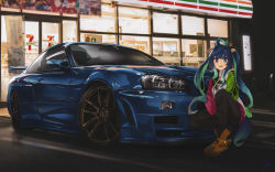 Rule 34 | 1girl, 7-eleven, :d, absurdres, ahoge, animal ears, black pantyhose, blue eyes, blue hair, car, commentary, english commentary, heterochromia, highres, horse ears, horse girl, horse tail, jacket, long hair, long sleeves, looking at viewer, motor vehicle, multicolored hair, nissan, nissan skyline, nissan skyline gt-r, nissan skyline r34, nougat (73r1r1), open mouth, pantyhose, pose request, purple eyes, sharp teeth, signature, sitting, smile, solo, tail, teeth, twin turbo (umamusume), twintails, umamusume, vehicle focus, yellow footwear