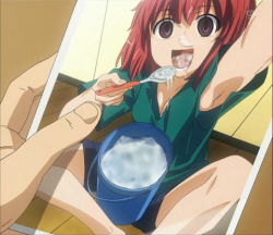 Rule 34 | 00s, 1girl, armpits, blank stare, bucket, cum, cum in container, cum in mouth, cum on tongue, cum pool, eating, excessive cum, facial, gokkun, holding, holding spoon, kushieda minori, lowres, photo (object), red hair, spoon, third-party edit, toradora!