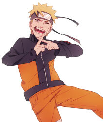 Rule 34 | 1boy, blonde hair, commentary, commentary request, english commentary, forehead protector, grin, headband, jacket, long sleeves, looking at viewer, male focus, mixed-language commentary, naruto (series), naruto shippuuden, one eye closed, open mouth, pants, short hair, simple background, smile, solo, spiked hair, subuta (butabutasubuta), tongue, uzumaki naruto, white background