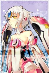 Rule 34 | 1girl, bad id, bad pixiv id, bare shoulders, detached collar, elsword, eve (elsword), expressionless, forehead jewel, mecha musume, purple background, short hair, solo, vilor, white hair, yellow eyes