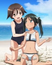 Rule 34 | 2girls, barefoot, beach, bikini, blue one-piece swimsuit, blush, breasts, brown eyes, brown hair, day, feet, francesca lucchini, full body, green eyes, green hair, groin, hair between eyes, hair flaps, hair ornament, hair ribbon, legs apart, miyafuji yoshika, multiple girls, nervous smile, non-web source, ocean, one-piece swimsuit, open mouth, outdoors, parted bangs, ribbon, sitting, small breasts, smile, spread legs, strike witches, swimsuit, tears, twintails, v-shaped eyebrows, white bikini, world witches series