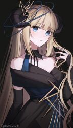 Rule 34 | 1girl, absurdres, arknights, bare shoulders, black background, black dress, blonde hair, blue eyes, commentary request, dress, hand up, highres, horns, long hair, long sleeves, nightingale (arknights), parted lips, rin (ryne 0303), simple background, sleeves past wrists, solo, twitter username, very long hair
