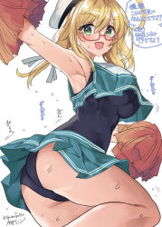 Rule 34 | 1girl, blonde hair, blue eyes, blue one-piece swimsuit, breasts, cheerleader, commentary request, crop top, crop top overhang, glasses, green skirt, hat, highres, holding, holding pom poms, i-8 (kancolle), kantai collection, large breasts, looking at viewer, low twintails, mizuta kenji, one-hour drawing challenge, one-piece swimsuit, peaked cap, pleated skirt, pom pom (cheerleading), pom poms, red-framed eyewear, school swimsuit, skirt, solo, swimsuit, swimsuit under clothes, translation request, twintails, underboob