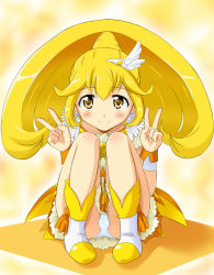 Rule 34 | 10s, 1girl, blonde hair, boots, choker, cure peace, double v, eyelashes, hair flaps, hair ornament, hairpin, highres, kise yayoi, long hair, magical girl, panties, pantyshot, precure, shitan, sitting, skirt, smile, smile precure!, solo, underwear, upskirt, v, white panties, wide ponytail, yellow background, yellow eyes, yellow theme