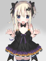 Rule 34 | 1girl, :o, bare arms, bare shoulders, bat hair ornament, black bow, black bowtie, black dress, black thighhighs, blonde hair, blue eyes, blush, bow, bowtie, claw pose, collarbone, commentary request, cowboy shot, dress, elbow gloves, fang, gloves, grey background, hair between eyes, hair bow, hair ornament, highres, looking at viewer, original, sidelocks, simple background, sleeveless, sleeveless dress, solo, standing, star (symbol), thighhighs, tia-chan, twintails, uchuuneko, uneven twintails, wristband