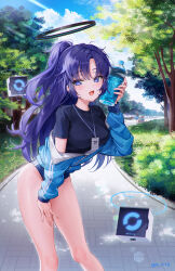 Rule 34 | 1girl, black shirt, blue archive, blue buruma, blue jacket, blue sky, bottle, breasts, buruma, bush, cloud, day, gym uniform, halo, highres, holding, id card, jacket, long hair, looking at viewer, medium breasts, official alternate costume, open mouth, outdoors, park, partially unzipped, ponytail, purple eyes, purple hair, rity, road, shirt, sky, smile, solo, standing, star (symbol), sticker on face, thighs, track jacket, tree, twitter username, very long hair, water bottle, yuuka (blue archive), yuuka (track) (blue archive)