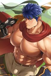 Rule 34 | 1boy, abs, bara, belt, blue hair, brown belt, brown pants, bulge, cape, closed mouth, fire emblem, fire emblem: path of radiance, green headband, headband, highres, holding, holding sword, holding weapon, ike (fire emblem), large pectorals, looking at viewer, male focus, muscular, muscular male, navel, nintendo, nipples, pants, pectorals, red cape, ruisselait, short hair, solo, sword, topless male, weapon