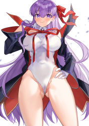 Rule 34 | 1girl, absurdres, bad id, bad pixiv id, bare shoulders, bb (fate), bb (fate/extra), bb (swimsuit mooncancer) (third ascension) (fate), black coat, blush, breasts, closed mouth, coat, fate/extra, fate/extra ccc, fate (series), gloves, gluteal fold, hair ribbon, hand up, highres, large breasts, leotard, long hair, long sleeves, looking at viewer, neck ribbon, open clothes, open coat, popped collar, purple eyes, purple hair, red ribbon, ribbon, smile, solo, thighs, very long hair, white background, white gloves, white leotard, wide sleeves, yayako (804907150)