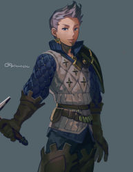 Rule 34 | 1boy, alternate costume, armor, collared shirt, commission, fire emblem, fire emblem fates, gloves, grey eyes, grey hair, highres, holding, holding sword, holding weapon, leather, leather belt, leather gloves, looking at viewer, male focus, nintendo, picnicic, shirt, silas (fire emblem), solo, sword, upper body, weapon