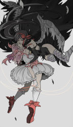 Rule 34 | 2girls, akemi homura, akuma homura, ankle ribbon, ankle strap, argyle, argyle clothes, argyle legwear, arms at sides, bare shoulders, black gloves, black hair, black wings, breasts, bubble skirt, choker, closed mouth, collarbone, crying, crying with eyes open, elbow gloves, expressionless, face-to-face, facing viewer, feathered wings, floating, floating hair, foot out of frame, frilled legwear, frilled skirt, frilled sleeves, frills, full body, gloves, glowing, grey background, grey legwear, hair ribbon, half-closed eyes, head back, kaname madoka, kokutouxxx, leg ribbon, long hair, looking at another, looking down, mahou shoujo madoka magica, mahou shoujo madoka magica: hangyaku no monogatari, multiple girls, parted lips, pink choker, pink hair, pink neckwear, pink ribbon, puffy short sleeves, puffy sleeves, red footwear, red ribbon, ribbon, see-through, shoe soles, short sleeves, simple background, skirt, small breasts, socks, soul gem, straight hair, string, string of fate, tareme, tears, thighhighs, thighs, torso grab, twintails, unconscious, white gloves, white legwear, white skirt, wings, yuri