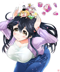 Rule 34 | 10s, 4girls, ahoge, akebono (kancolle), angry, bell, black hair, blush, breasts, brown eyes, chibi, cowboy shot, denim, flower, hair between eyes, hair bobbles, hair flower, hair ornament, jeans, jingle bell, kantai collection, large breasts, leaning forward, long hair, looking up, multiple girls, objectification, oboro (kancolle), open mouth, pants, sazanami (kancolle), shirt, side ponytail, sumeragi hamao, tears, ushio (kancolle), white shirt