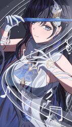 1girl absurdres black_hair blue_eyes blue_hair closed_mouth colored_inner_hair dress fortissimo gloves grey_hair hair_ornament highres jewelry multicolored_hair musical_note musical_note_hair_ornament pentagram punishing:_gray_raven selena_(pgr) solo white_dress white_gloves yaraaa