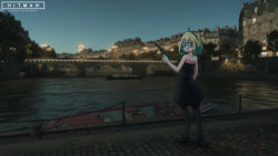 Rule 34 | 1girl, absurdres, amano pikamee, bare arms, bare shoulders, bespectacled, black dress, black footwear, black hairband, black pantyhose, blonde hair, blue sky, blurry, blurry background, boat, bridge, building, canal, character name, commentary, depth of field, dress, english commentary, glasses, green eyes, green hair, gun, hair between eyes, hairband, handgun, high heels, highres, hitman (game), holding, holding gun, holding weapon, looking at viewer, looking back, multicolored hair, outdoors, pantyhose, parted lips, pistol, rentikoy, sharp teeth, shoes, short hair, sky, solo, strapless, strapless dress, suppressor, teeth, tree, twitter username, two-tone hair, v-shaped eyebrows, virtual youtuber, voms, water, watercraft, weapon