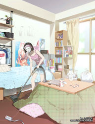 Rule 34 | 1girl, artist name, bed, bedroom, black hair, blue shorts, bob cut, book, book stack, bookshelf, bottle, box, cardboard box, cd, clothes, clothes hanger, computer, curtains, figure, frown, highres, indoors, kotatsu, laptop, lens flare, mouse (computer), muromaki, nintendo switch, nissin cup noodle, original, pillow, pink shirt, plant, poster (object), potted plant, power bank, power strip, shirt, shorts, sliding doors, socks, solo, t-shirt, table, tank top, trash bag, unworn eyewear, vacuum cleaner, watermark, web address, window