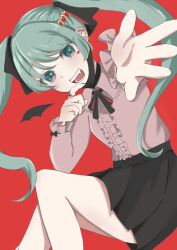 Rule 34 | 1girl, absurdres, fangs, hair ornament, harumaki 83, hatsune miku, heart, heart hair ornament, highres, jewelry, jirai kei, long hair, long sleeves, looking at viewer, mask, mask pull, mouth mask, open mouth, reaching, reaching towards viewer, red background, ribbon, shirt, smile, solo, twintails, vampire (vocaloid), vocaloid